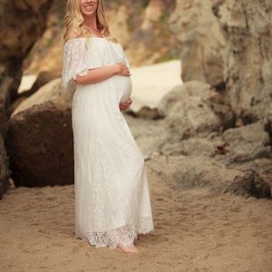 White Lace Off Shoulder Maternity Maxi Dress
